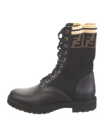 Pre-owned Fendi Zucca Ff Logo Leather Combat Boots In Black