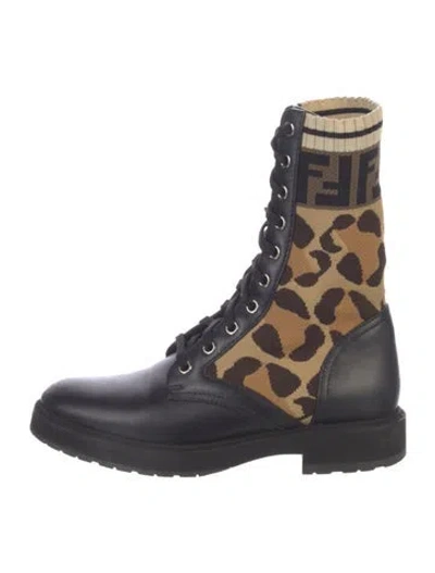 Pre-owned Fendi Zucca Ff Logo Leather Combat Boots In Black