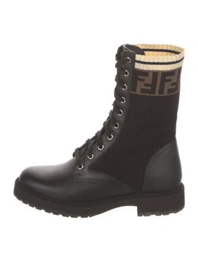 Pre-owned Fendi Zucca Ff Logo Leather Combat Boots In Black