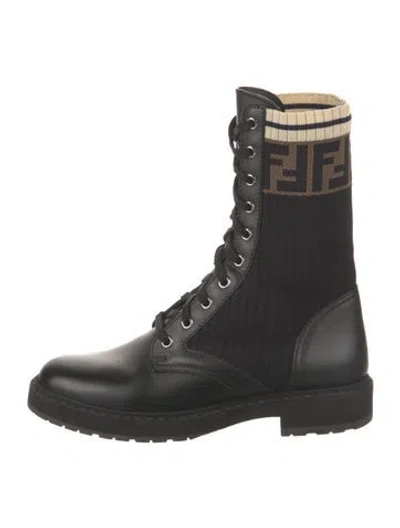 Pre-owned Fendi Zucca Ff Logo Leather Combat Boots In Black