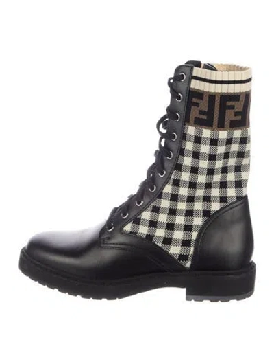 Pre-owned Fendi Zucca Ff Logo Leather Combat Boots In Black