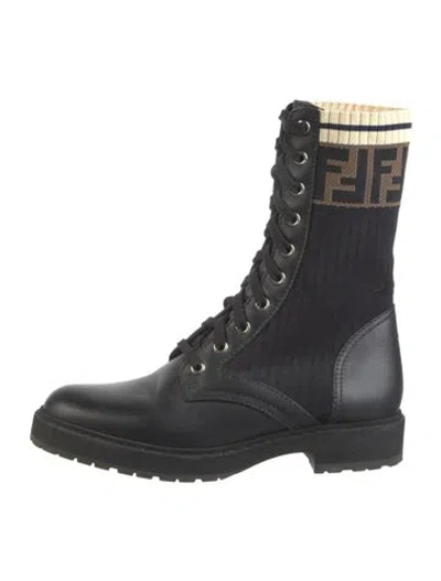 Pre-owned Fendi Zucca Ff Logo Leather Combat Boots In Black