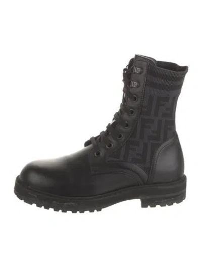 Pre-owned Fendi Zucca Ff Logo Leather Combat Boots In Black