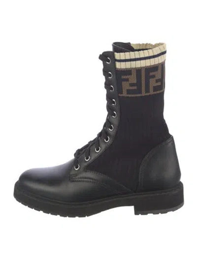 Pre-owned Fendi Zucca Ff Logo Leather Combat Boots In Black