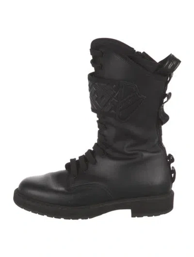 Pre-owned Fendi Zucca Ff Logo Leather Combat Boots In Black