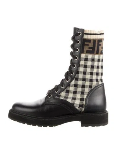 Pre-owned Fendi Zucca Ff Logo Leather Combat Boots In Black