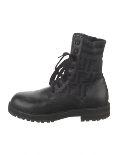 Pre-owned Fendi Zucca Ff Logo Leather Combat Boots In Black