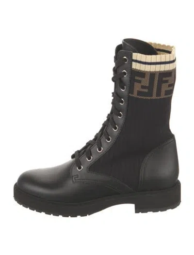 Pre-owned Fendi Zucca Ff Logo Leather Combat Boots In Black
