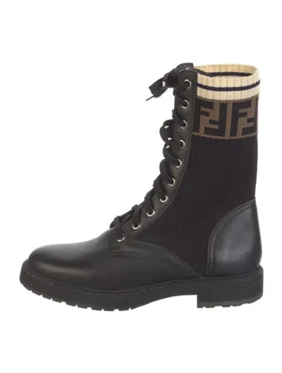 Pre-owned Fendi Zucca Ff Logo Leather Combat Boots In Black