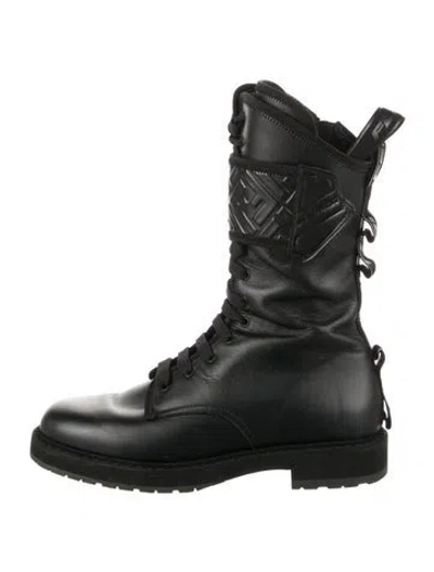 Pre-owned Fendi Zucca Ff Logo Leather Combat Boots In Black