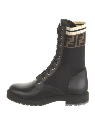 Pre-owned Fendi Zucca Ff Logo Leather Combat Boots In Black