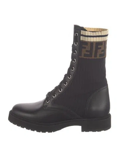 Pre-owned Fendi Zucca Ff Logo Leather Combat Boots In Black