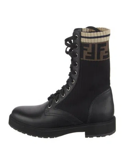 Pre-owned Fendi Zucca Ff Logo Leather Combat Boots In Black