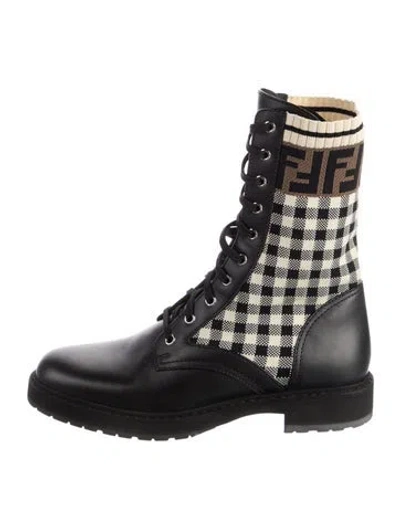 Pre-owned Fendi Zucca Ff Logo Leather Combat Boots In Black