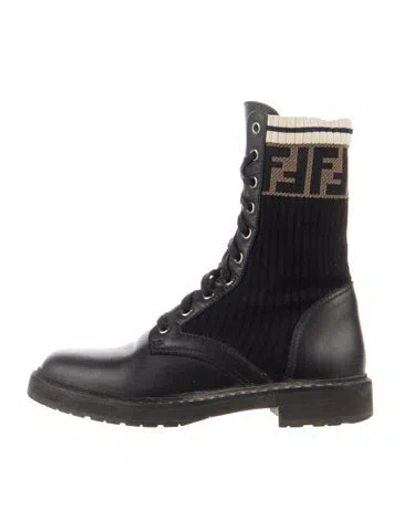 Pre-owned Fendi Zucca Ff Logo Leather Combat Boots In Black