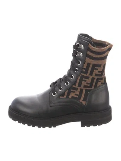 Pre-owned Fendi Zucca Ff Logo Leather Combat Boots In Black