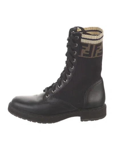 Pre-owned Fendi Zucca Ff Logo Leather Combat Boots In Black