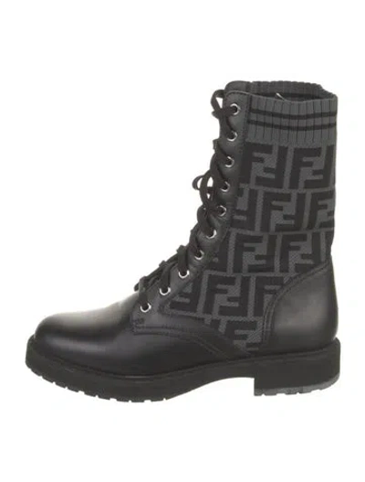 Pre-owned Fendi Zucca Ff Logo Leather Combat Boots In Black