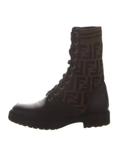 Pre-owned Fendi Zucca Ff Logo Leather Combat Boots In Black