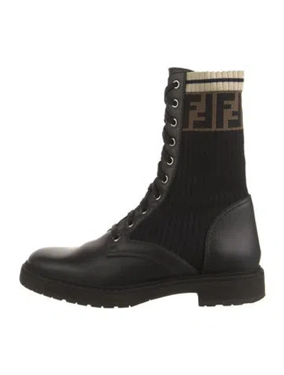 Pre-owned Fendi Zucca Ff Logo Leather Combat Boots In Black