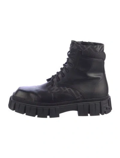 Pre-owned Fendi Zucca Ff Logo Leather Combat Boots In Black