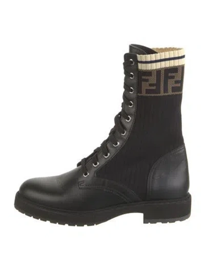 Pre-owned Fendi Zucca Ff Logo Leather Combat Boots In Black/neutrals