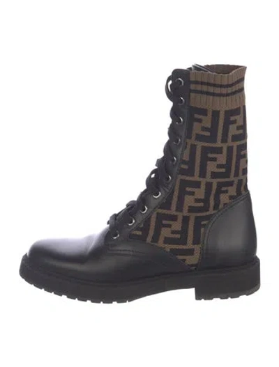 Pre-owned Fendi Zucca Ff Logo Leather Combat Boots In Blue