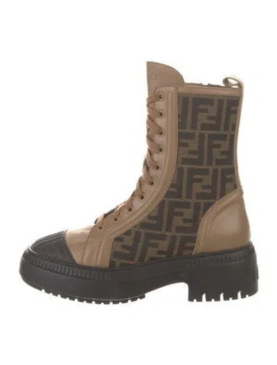 Pre-owned Fendi Zucca Ff Logo Leather Combat Boots In Brown