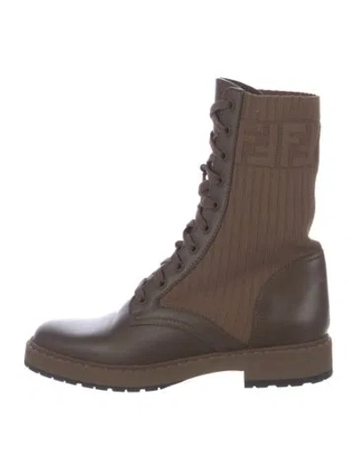 Pre-owned Fendi Zucca Ff Logo Leather Combat Boots In Brown