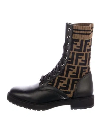 Pre-owned Fendi Zucca Ff Logo Leather Combat Boots In Brown