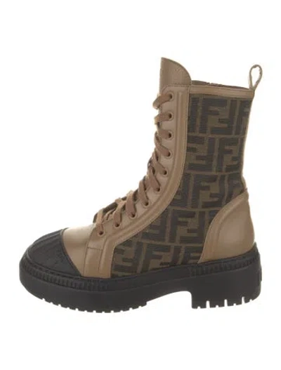 Pre-owned Fendi Zucca Ff Logo Leather Combat Boots In Brown