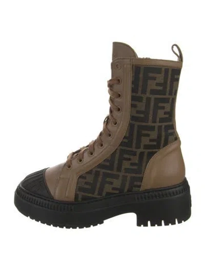 Pre-owned Fendi Zucca Ff Logo Leather Combat Boots In Brown