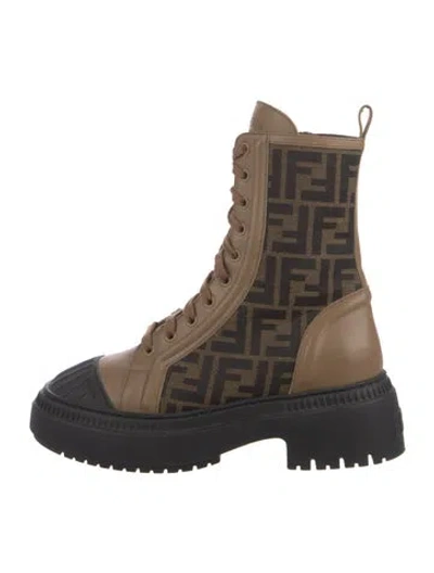Pre-owned Fendi Zucca Ff Logo Leather Combat Boots In Brown