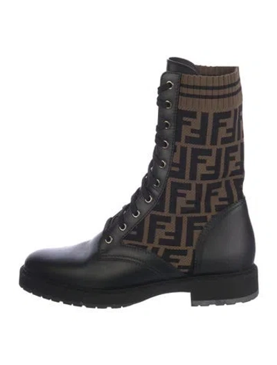 Pre-owned Fendi Zucca Ff Logo Leather Combat Boots In Brown