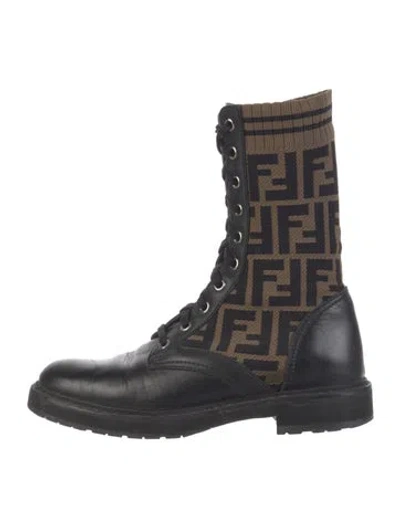 Pre-owned Fendi Zucca Ff Logo Leather Combat Boots In Brown