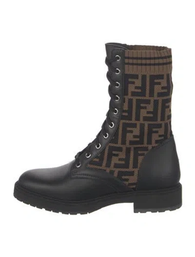 Pre-owned Fendi Zucca Ff Logo Leather Combat Boots In Brown