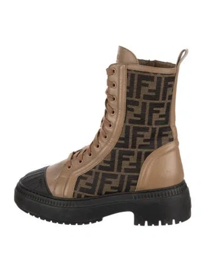 Pre-owned Fendi Zucca Ff Logo Leather Combat Boots In Brown