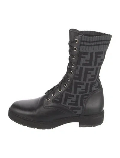 Pre-owned Fendi Zucca Ff Logo Leather Combat Boots In Gray