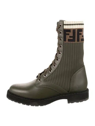 Pre-owned Fendi Zucca Ff Logo Leather Combat Boots In Green
