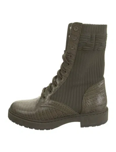Pre-owned Fendi Zucca Ff Logo Leather Combat Boots In Green