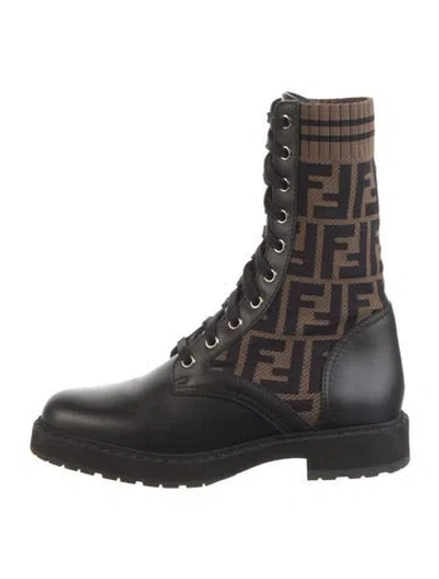 Pre-owned Fendi Zucca Ff Logo Leather Combat Boots In Multi