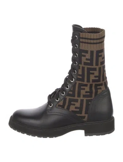 Pre-owned Fendi Zucca Ff Logo Leather Combat Boots In Multi