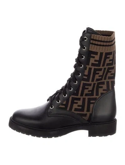 Pre-owned Fendi Zucca Ff Logo Leather Combat Boots In Multi
