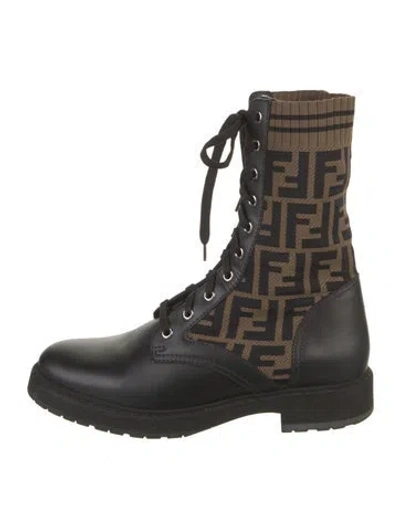 Pre-owned Fendi Zucca Ff Logo Leather Combat Boots In Multi