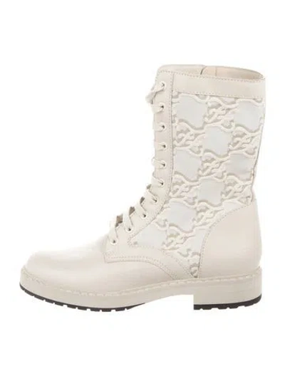 Pre-owned Fendi Zucca Ff Logo Leather Combat Boots In Neutrals