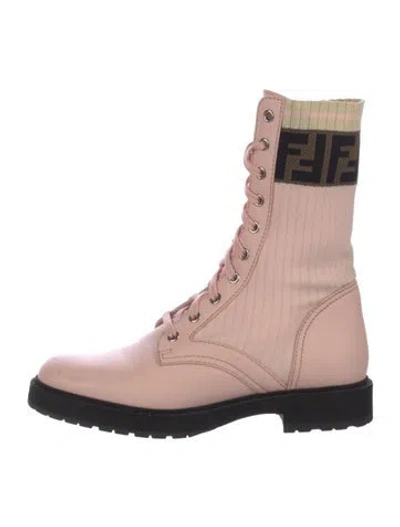 Pre-owned Fendi Zucca Ff Logo Leather Combat Boots In Pink