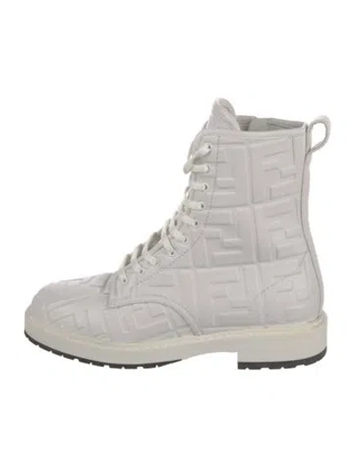 Pre-owned Fendi Zucca Ff Logo Leather Combat Boots In White