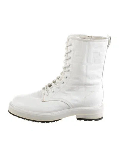Pre-owned Fendi Zucca Ff Logo Leather Combat Boots In White
