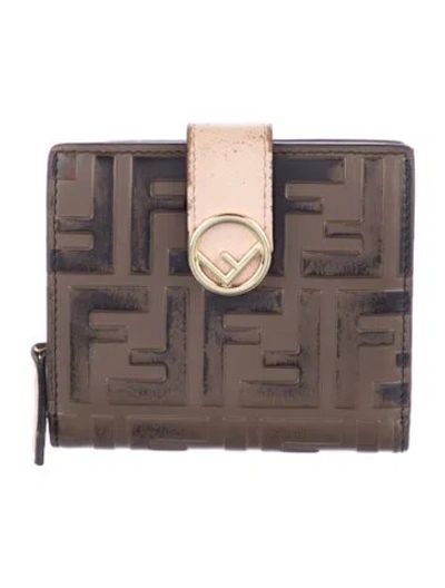 Pre-owned Fendi Zucca Ff Logo Leather Compact Wallet In Brown