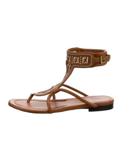 Pre-owned Fendi Zucca Ff Logo Leather Gladiator Sandals In Brown
